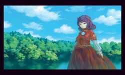  1girl forest hair_ornament highres miso_pan nature purple_hair red_eyes scenery shimenawa short_hair smile solo touhou yasaka_kanako 