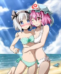 2girls beach bikini blue_eyes hairband hat hug kayama_kenji konpaku_youmu multiple_girls pink_hair red_eyes saigyouji_yuyuko short_hair silver_hair swimsuit touhou