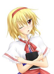  blonde_hair book hairband kitsunebi red_eyes solo touhou wink 