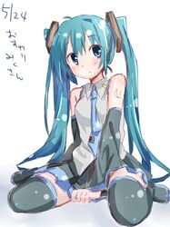 1girl :< aqua_hair blue_eyes boots character_name dated detached_sleeves hatsune_miku headphones long_hair necktie sitting skirt solo thigh_boots thighhighs twintails very_long_hair vocaloid wariza