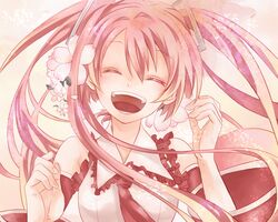  1girl closed_eyes detached_sleeves flower hair_flower hair_ornament hatsune_miku long_hair necktie open_mouth pink_hair sakura_miku solo vocaloid yamaguchi_mococo 