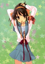  1girl absurdres blush brown_eyes brown_hair hairband highres itou_noiji ribbon short_hair star suzumiya_haruhi suzumiya_haruhi_no_yuuutsu 