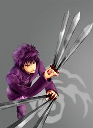  1boy between_fingers black_keys cross cross_necklace fate/zero fate_(series) grey_background kotomine_kirei purple_hair roru86 solo violet_eyes 