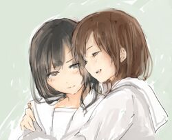 black_eyes black_hair brown_hair highres hug long_hair original school_uniform short_hair sketch smile syou_(endemic_species) 
