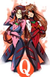  2girls brown_hair crossed_arms evangelion:_3.0_you_can_(not)_redo eyepatch glasses long_hair makinami_mari_illustrious multiple_girls neon_genesis_evangelion orange_hair plugsuit rebuild_of_evangelion shikinami_asuka_langley smile souryuu_asuka_langley twintails 