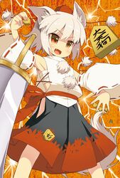  1girl animal_ears detached_sleeves fang hat inubashiri_momiji ooide_chousuke open_mouth red_eyes sarashi short_hair shougi skirt smile solo sword tokin_hat touhou weapon white_hair wolf_ears 