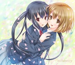  2girls blush brown_eyes brown_hair cherry_blossoms female happy hirasawa_yui hug k-on! kisaragi_miyu long_hair multiple_girls nakano_azusa petals school_uniform short_hair skirt smile twintails yuri 