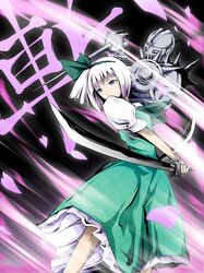  crossover epee highres jojo_no_kimyou_na_bouken katana konpaku_youmu painfultree petals rapier ribbon short_hair silver_chariot silver_hair spikes stand_(jojo) sword touhou weapon 