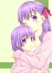  2girls child dual_persona fate/stay_night fate/zero fate_(series) hair_ribbon kouji_(campus_life) long_hair matou_sakura multiple_girls purple_hair ribbon teenage violet_eyes young 