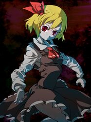  1girl applelonus blonde_hair dark hair_ribbon red_eyes ribbon rumia short_hair solo touhou 