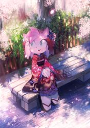  amy_rose aoki_(fumomo) cherry_blossoms flower geta hair_flower hair_ornament highres japanese_clothes kimono petals sitting smile solo sonic_the_hedgehog tabi 