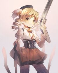  1girl aoki_(fumomo) beret blonde_hair corset drill_hair gun hair_ornament hat magical_girl mahou_shoujo_madoka_magica rifle skirt smile solo thigh-highs tomoe_mami twin_drills twintails weapon yellow_eyes 