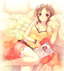  blush bracelet brown_hair chemise cushion jewelry magazine red_eyes see-through skirt takeda_mika 