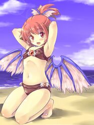  animal_ears armpits bad_id barefoot beach bikini blush flat_chest hitoshise kneeling lips mystia_lorelei pink_hair ponytail red_eyes short_hair solo swimsuit touhou wings 