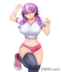  1girl black_legwear braid breasts gym_uniform large_breasts midriff mole nail_polish navel oni-noboru original pink_eyes purple_hair shoes simple_background sneakers solo thighhighs twin_braids white_background 