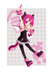  16_ban 1girl blush demon_wings disgaea fang glasses heart heart-shaped_pupils horns makai_senki_disgaea_3 open_mouth pink_eyes pink_hair raspberyl short_hair sleeveless solo symbol-shaped_pupils tail wings wristband 