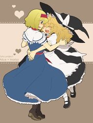  alice_margatroid blonde_hair blue_eyes braid hairband hat hug kirisame_marisa miyuu_(crazy_lollipop) miyuzu multiple_girls short_hair touhou witch_hat 