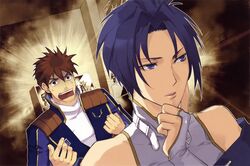  blue_eyes blue_hair bridal_gauntlets brown_eyes brown_hair highres ryusei_date ryuusei_date short_hair super_robot_wars super_robot_wars_original_generation viletta_badam yuikawa_kazuno 