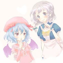  bad_id bat_wings blue_eyes blue_hair braid hat izayoi_sakuya multiple_girls red_eyes remilia_scarlet rias-shiki_kawaii short_hair silver_hair touhou twin_braids wings 