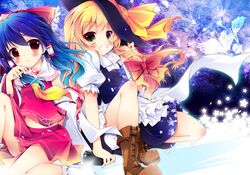  2girls black_hair blonde_hair boots detached_sleeves hair_ribbon hair_tubes hakurei_reimu hat kirisame_marisa long_hair multiple_girls nanamomo_rio navel ofuda red_eyes ribbon thighs touhou witch_hat yellow_eyes 