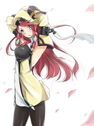  1girl alternate_costume blazblue blue_eyes blush detached_sleeves hair_tubes hat long_hair maimai11 necktie pantyhose redhead solo tsubaki_yayoi uniform white_background 