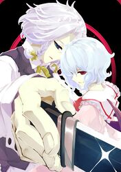  2girls blue_eyes blue_hair braid formal izayoi_sakuya knife multiple_girls necktie red_eyes remilia_scarlet sakuraba_yuuki short_hair smile suit touhou weapon white_hair 