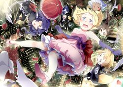  6+girls animal_ears bird blonde_hair blue_eyes blush butler cat_ears cat_tail dress falling flower fox_ears fox_tail huyuzora long_hair multiple_girls original purple_hair red_eyes rose short_hair skirt smile tail umbrella white_hair wink yellow_eyes 
