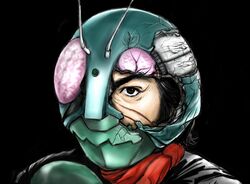  armor broken helmet kamen_rider mask red_eyes red_scarf scarf 