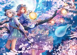  2girls black_legwear cherry_blossoms flower full_moon hairband hat hitodama japanese_clothes katana kimono konpaku_youmu konpaku_youmu_(ghost) lantern long_sleeves moon multiple_girls paper_lantern red_eyes redhead saigyouji_yuyuko sheath sheathed short_hair silver_hair siro skirt smile sword touhou tree triangular_headpiece weapon 