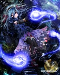  1girl blue_hair elbow_gloves garter_straps gloves long_hair original red_eyes solo thigh-highs yana_(nekoarashi) 