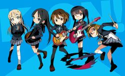 5girls akiyama_mio bass_guitar blonde_hair brown_eyes brown_hair c_(neta) everyone fender guitar hirasawa_yui instrument k-on! kotobuki_tsumugi les_paul multiple_girls mustang(guitar) nakano_azusa pantyhose parody school_uniform sekaiju_no_meikyuu tainaka_ritsu 