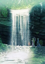  3girls animal_ears basket blonde_hair brown_hair cat_ears chen fox_tail hat long_hair multiple_girls multiple_tails outdoors parasol raybar scenery short_hair skirt sunlight tail touhou umbrella water waterfall yakumo_ran yakumo_yukari 