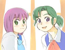  green_eyes green_hair hatsuseno_alpha multiple_girls mutou_youshun ponytail purple_eyes purple_hair short_hair smile takatsu_kokone violet_eyes yokohama_kaidashi_kikou youshun 