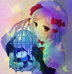  :x blonde_hair butterfly cage doll dress frederica_bernkastel hat lambdadelta lowres pearl pearls ribbon semimaru short_hair smile umineko_no_naku_koro_ni yellow_eyes 