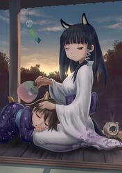  animal_ears black_hair brown_hair cloud clouds fan heterochromia highres japanese_clothes katori_buta kimono lap_pillow miyafuji_yoshika multiple_girls paper_fan porch purple_eyes sakamoto_mio sitting sky sleeping smile strike_witches sunset tail uchiwa veranda wind_chime youbou 