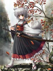  animal_ears detached_sleeves hat inubashiri_momiji kei_(pixiv) kei_kei sheath sheathed silver_hair socks solo sword tail tokin_hat touhou weapon wolf_ears wolf_tail yellow_eyes 