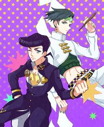  2boys black_hair earrings gakuran green_eyes headband higashikata_jousuke jewelry jojo_no_kimyou_na_bouken kishibe_rohan midriff multiple_boys nail_polish paintbrush pompadour purple_hair school_uniform sewenan wink 