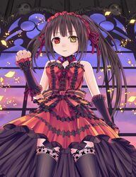  1girl bare_shoulders black_hair clock date_a_live dress garter_straps hairband headdress heterochromia ikeda_yuuki lolita_fashion lolita_hairband long_hair looking_at_viewer red_eyes skull smile thigh-highs tokisaki_kurumi yellow_eyes zettai_ryouiki 