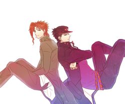  2boys black_hair dr16 gakuran hat jojo_no_kimyou_na_bouken kakyouin_noriaki kuujou_joutarou long_coat multiple_boys redhead school_uniform 