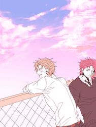 2boys blonde_hair caesar_anthonio_zeppeli casual dr16 facial_mark fence jojo_no_kimyou_na_bouken kakyouin_noriaki multiple_boys redhead sweater 