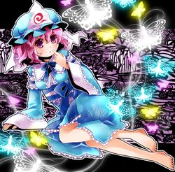 barefoot butterfly feet hat moonyan pink_eyes pink_hair saigyouji_yuyuko short_hair solo touhou 