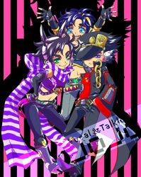  3boys al-10 animal_ears black_hair blue_eyes blue_hair cat_ears chain crossover green_eyes hairband hat jojo_no_kimyou_na_bouken jonathan_joestar joseph_joestar_(young) kuujou_joutarou multiple_boys purple_hair scarf striped striped_scarf violet_eyes vocaloid 