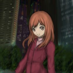  brown_eyes city eto_ote higashi_no_eden jacket long_hair morimi_saki red_hair redhead tree turtleneck 