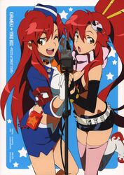  armband belt dual_persona garrison_cap gloves hair_ornament hairclip hand_holding hat highres holding_hands hotpants long_hair microphone microphone_stand midriff miniskirt nishigori_atsushi official_art pieces_of_sweet_stars ponytail red_hair redhead short_shorts shorts skirt skull skull_hair_ornament smile star studded_belt symmetry tengen_toppa_gurren_lagann thigh-highs thighhighs walkie-talkie walkie_talkie wink yellow_eyes yoko_littner yoko_ritona 