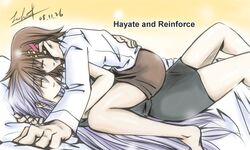  barefoot bed brown_hair closed_eyes dress forehead_to_forehead hair_ribbon leoheart long_hair lying mahou_shoujo_lyrical_nanoha mahou_shoujo_lyrical_nanoha_strikers multiple_girls no_legwear reinforce ribbon short_hair silver_hair skirt straddle very_long_hair yagami_hayate yuri 