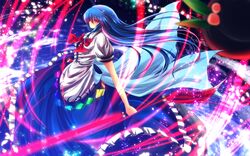  1girl blue_hair bow food fruit hair_over_one_eye hat hat_removed headwear_removed highres hinanawi_tenshi long_hair nekominase peach red_eyes solo sword_of_hisou wallpaper wind 