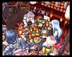 6+girls blue_eyes blue_hair border bottle bowl brown_hair camera food fujiwara_no_mokou futatsuiwa_mamizou hat hat_removed headwear_removed kaenbyou_rin kaenbyou_rin_(cat) kamishirasawa_keine komeiji_koishi lantern leaf leaf_on_head long_hair multiple_girls okoge_senbei plate pot shameimaru_aya short_hair silver_hair tokin_hat touhou 