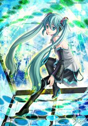  aqua_eyes aqua_hair bad_id detached_sleeves gatsu_kiba_shou_kitsune getsugakogitsune hatsune_miku headphones headset long_hair necktie smile solo solos spring_onion thigh-highs thighhighs twintails vocaloid 