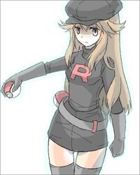  alternate_costume belt black_dress black_legwear black_thighhighs blue_(pokemon) breasts brown_hair cabbie_hat cowboy_shot dress grey_belt hat holding holding_poke_ball leaf_(pokemon) long_hair lowres miniskirt natsu315 payot poke_ball pokeball pokemon pokemon_special serious simple_background single_letter skirt solo team_rocket team_rocket_(cosplay) thigh-highs thighhighs turtleneck waist_poke_ball white_background zettai_ryouiki 