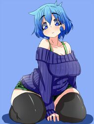  blue_eyes blue_hair blush breasts huge_breasts inaka_keikou original plump saku_hinoko short_hair shorts sitting smile sweater thick_thighs thighhighs thighs zettai_ryouiki 